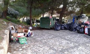 Cassonetti rovesciati e sacchi della spazzatura abbandonati al Borgo di Milazzo stamattina